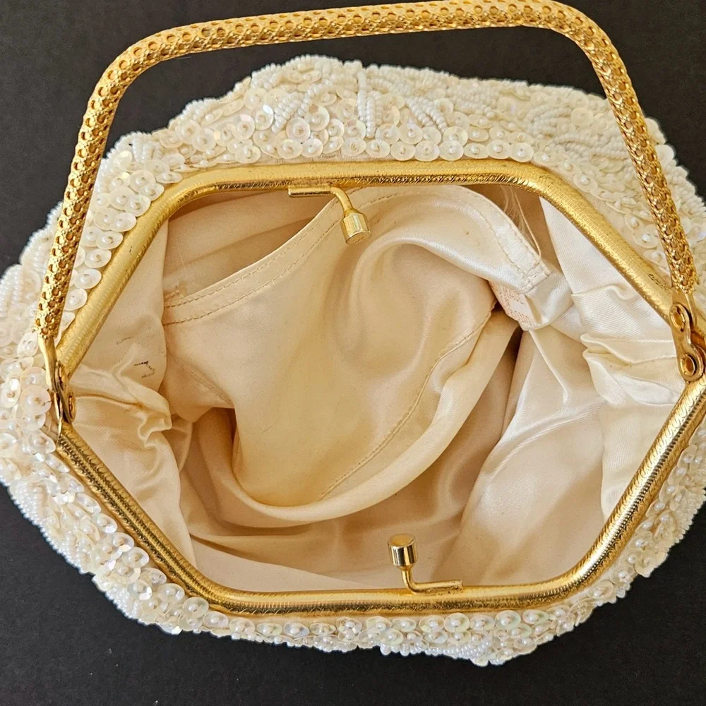 Chic Cream Beaded Clutch with Gold Handle - Picture 2 of 3